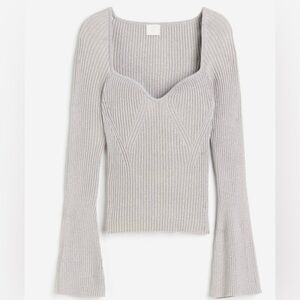 H&M LGHT GRAY SLVR RIB KNIT LONG FLARE SLEEVE SWEATER SZE M WOMEN